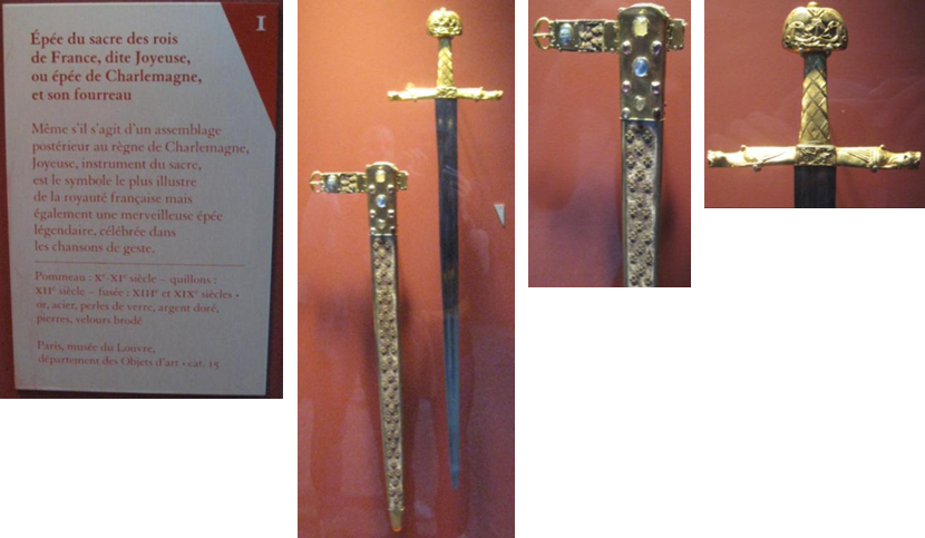 Mehrere Ansichten des Schwertes Joyeuse im Museum, hinter Glas, und seiner Beschreibung