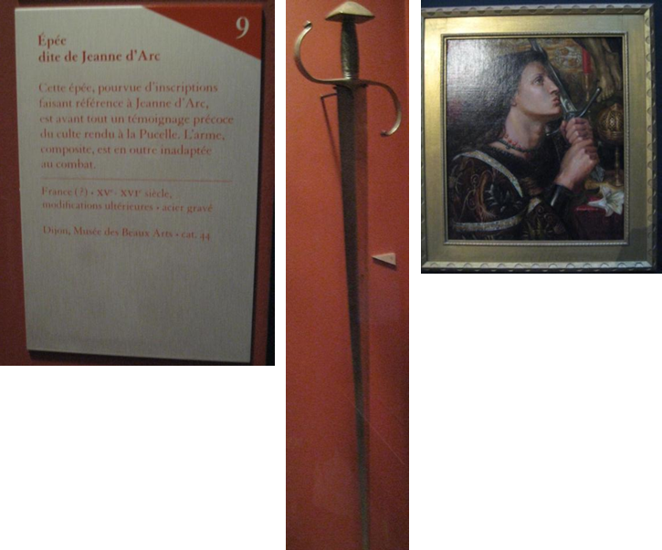 Ansicht des Schwerts der Jeanne d'Arc hinter Glas und der Beschreibung sowie eines Gemäldes Jeanne d'Arcs mit dem Schwert