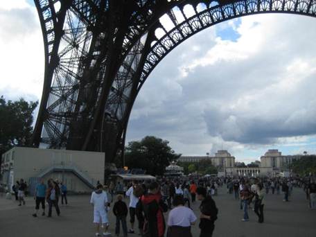 Platz unterhalb des Eiffelturms mit Passanten